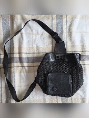 Black Woven Crossbody Bag with Front Pocket
